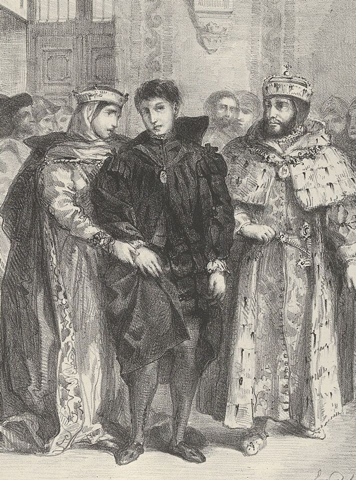 Illstration af Hamlet, Gertrude og Claudius